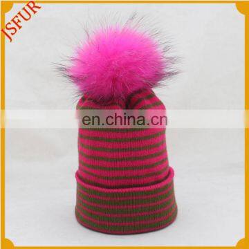 Winter real fur stripe beanie hat with raccoon fur pom pom