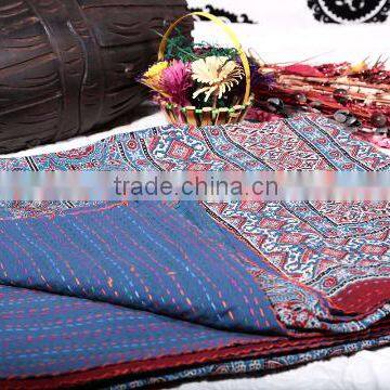 Handmade Blue Kantha Quilt Kantha Throw Organic Vegetable Ajrakh Earthy Prints Bedspreads Bed Cover Blanket