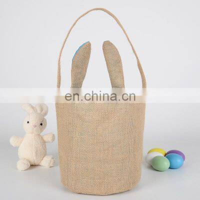 Spring New Update Easter Decor Burlap Bags Jute Tote Bag Easter Baskets Toy Buckets With Bunny Pompom Tail Kids Tote Basket photo-3