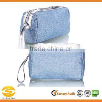 High quality jean cloth ladies vanity bags,blue canvas lady makeup bag,blue canvas lady makeup bag