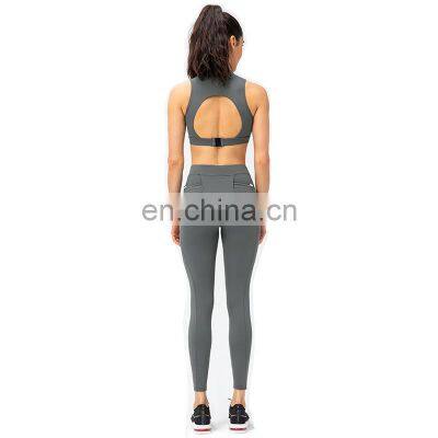 In Stock Custom Logo Sexy Yoga Suit Set Zipper Hollow Out Bra Match Side Pocket Leggings Training Outfit Women Gym Wear Apparel