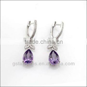 925 Sterling Silver Natural Gemstone Amethyst Rhodium Plated CZ Earrings