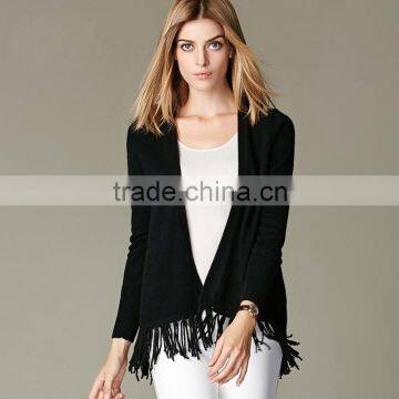 100% cashmere sweater long sleeve cardigan with tassel bottom