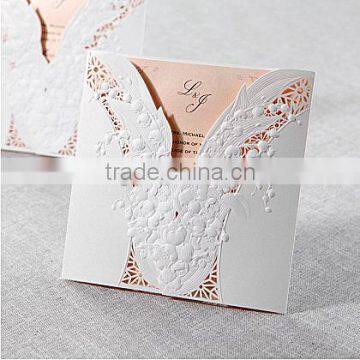 Elegant white laser cut bridal dress wedding invitation with wheat embossed pattern