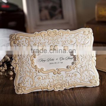 Luxurious & elegant golden embossed pattern wedding invitation with laser cut frame for wedding