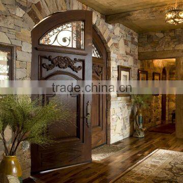 Rustic craftsman double solid wooden entrance doors with art glass arch top