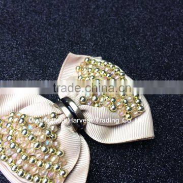 Beige Bow Flower for Shoe,Gold Beads And Plastic Beads Shoe Flower Decorations photo-3