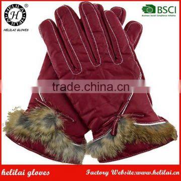 Fashion Womens Wear Winter Warm Ladies Waterproof Fabric Gloves with Fur Cuff