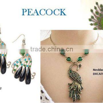 Fashion antique brass metal peacock neckalce with gold earrings jewelry set ,decorated with enamel and crystal