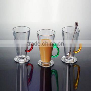 new design 3pcs glass latte cup with colored handle