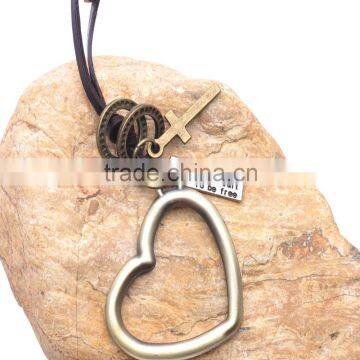 Genuine Leather Necklace with Antique Brass Hollow Heart Pendant.