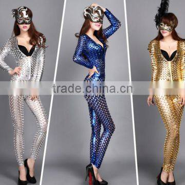 6001 2015 wholesale fashion new pattern european paint bright leather Scale holes night club sexy women romper 6 color