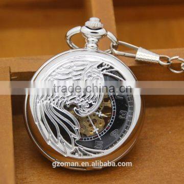 Top quality silver phoenix birds black dial skeleton automatic mechanical movement pocket watch