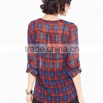 Women's Basic Classic Lightweight Collar Plaid Chiffon Shirt photo-4