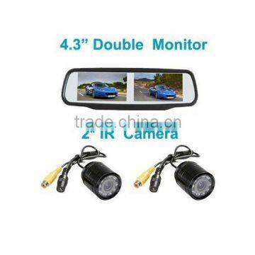 4.3" Rearview Reversing Mirror with Double Screen + 2 Pcs 28mm IR Car Cameras