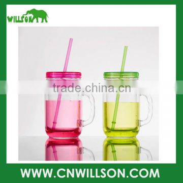 Double wall Plastic Straw Cup with Handle and Straw