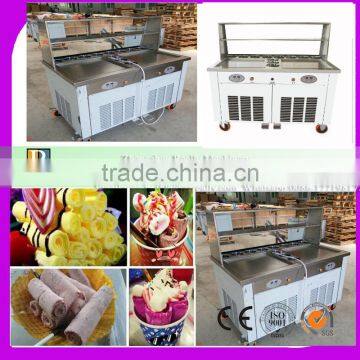 Double pans Flat Pan Fried Ice Cream Roll Machine glass with showcase