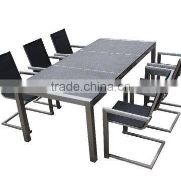 Modern outdoor stainless steel dining set granite table and mesh fabric chairs