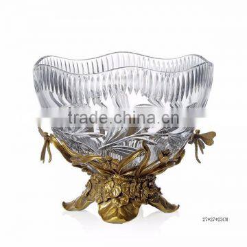 Ornamental Crystal Compote With Wave Edge, Unique Crystal Fruit Bowl Inlaid Bronze Casting Conch & Flower Vine Edge photo-6