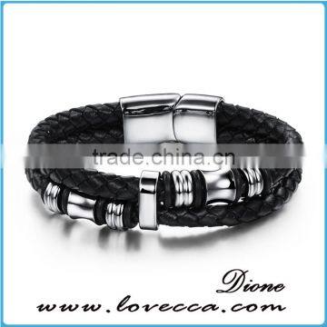 silver gold stainless steel black genuine leather cool men bracelet