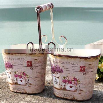 2 Set Metal Flower Garden Plant Pots Set With a Wooden Handle photo-3