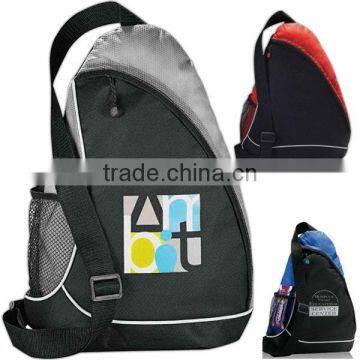 Sling Shot Sling Backpack - has main zippered compartment with side mesh water bottle pocket and comes with your logo.