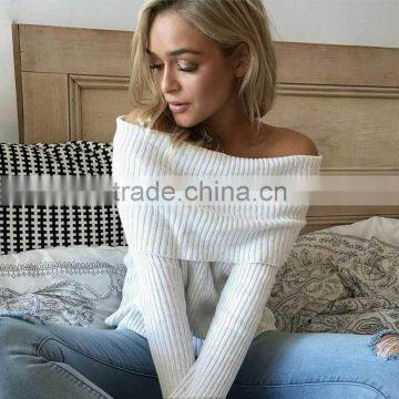 off Shoulder Elastic Spring Sweater Women Short Gray Lapel Pullover Sexy White Jumpers Autumn Knitwear Top photo-4