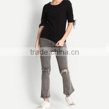 OEM Lady Blank T-shirt Women Tie up Sleeve t Shirt With Wholesale Price China photo-6
