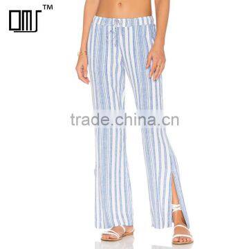 Cotton blend striped drawstring trousers ladies side slit lounge pants