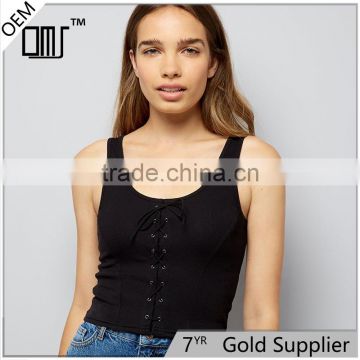 Wide shoulder straps lace up ribbed cropped tank womens black vest tops