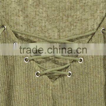 Ladies Wearing Hand Knitted Wool Sweaters With Lacing V-Neck Design photo-2