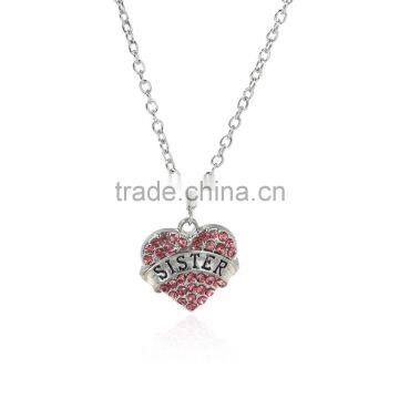 New Fashion Silver Tone Pink Rhinestone " SISTER " Carved Heart Pendant Link Cable Chain Necklace