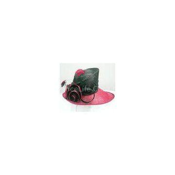 Satin Rose Sinamay Ladies Hats Church Red / Burgendy With Feather Trim