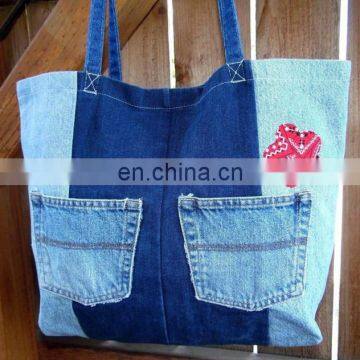 Blue Denim Shoulder Bag Shopper Tote Purse Pockets Heart Patch photo-2