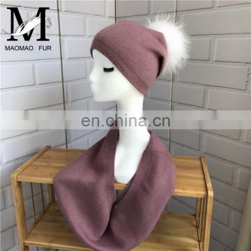 Women Cashmere Knitted Collar Raccoon Fur Pompom Hat Wholesale Hat and Scarf Sets