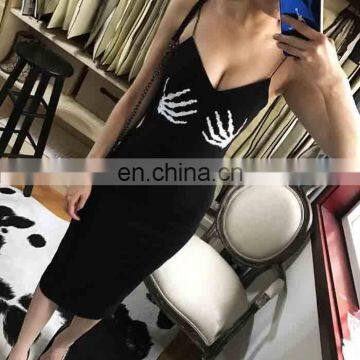 Dropshipping Clothing Sexy Black Strap Skeleton Print Bodycon Bandage Dress Women Dresses