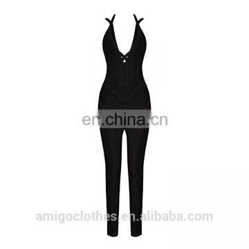 Black V Neck Criss Cross Long Jumpsuit Rayon Bandage Romper Clubwear in Cheap Price photo-2