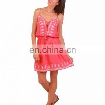 New Arrival Boho Chic Rayon Short Spaghetti Strap Dress With Embroided Tassel Lace Detail Neck And Bottom