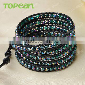 Topearl Jewelry 3pcs Iridescent Colors Crystal 5 Wrap Fashion Bracelet on Black Leather CLL53 photo-2