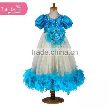 Blue Feather dresses for baby girls 2015 new design lace and feather kids dresses