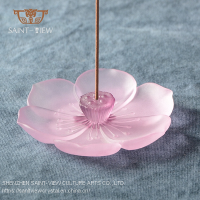 Japanese Style Crystal LIULI Romantic Pink Lotus Coil Plate for Incense Burner Ashtray