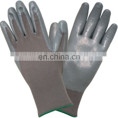 13 Gauge Gray Nylon Polyester Lining Smooth Nitrile Work Gloves