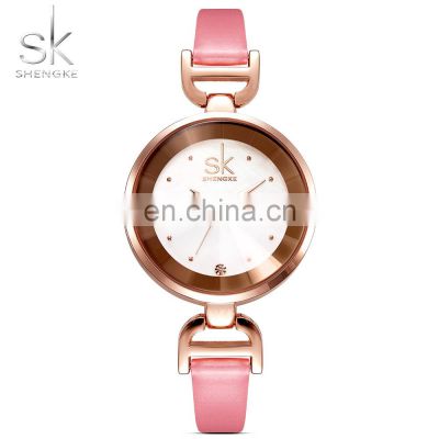 SHENGKE Luxury Ladies Watch Stainless Steel Caseback Leather Strap Crystal Stone Index Japan Quartz Movement Watches K0001L