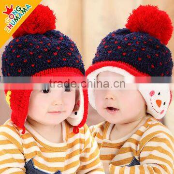 2015 Winter Newest Small Heart Knitting Baby Kids Earflap Pompom Caps and Hats