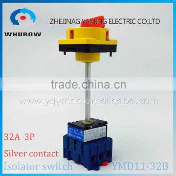 Isolating switch YMD11-32B with padlock handle aluminum pole 32A Load break power cut off operation outside electrical cabinet