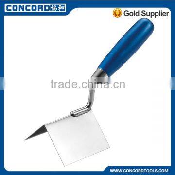 110x75x75mm External corner bricklaying trowel with silver blue wooden handle, stainless steel blade