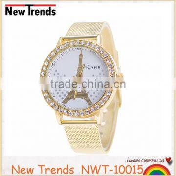 2016 fashion gold mesh band rhinestone tower watch for women