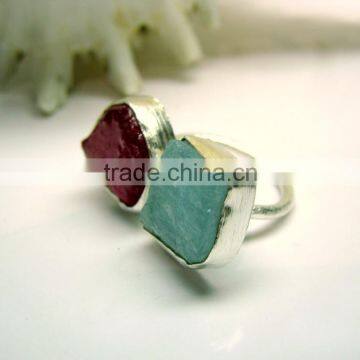 Ruby & Aquamarine Rough Natural Gemstones Rings, Matt Finish Adjustable Rings, 925 Solid Sterling Silver Rings photo-2