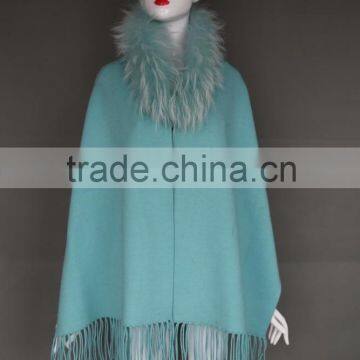 Winter warm Wool shawl with real animal fur collar for ladies/fur shawl