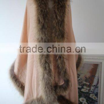 Soft Feeling Raccoon Fur Trim Cashmere Cape Poncho Warm Square Fur Shawl Cloak